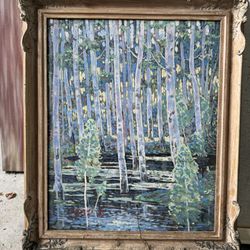 Spruces in forest oil and cardboard