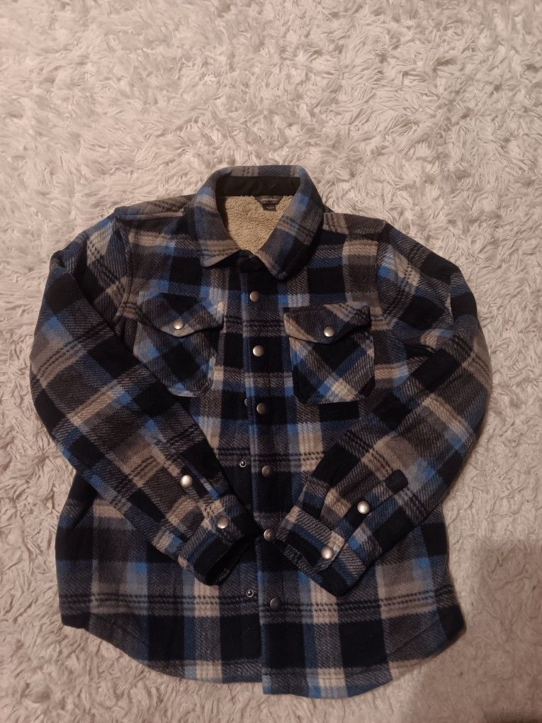 Plaid Flannel Sherpa Snap Front Shirt Jacket Blue/grey