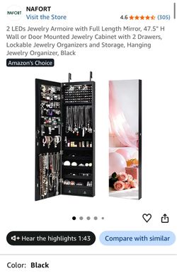 NAFORT Black Jewelry Armoire with Full Length Mirror