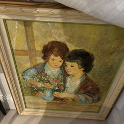 Large Original Framed Vintage Antique Painting On Canvas. Mother & Child Or Daughter. Sisters.  Beautiful. Signed Work Of Art