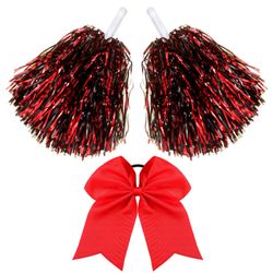 Hanaive 3 Pcs Plastic Cheerleading Pom Poms And Large Cheerleader Hair Bow Cheer Supplies For Dance Squad Sport Rooters Accessories(Red Black