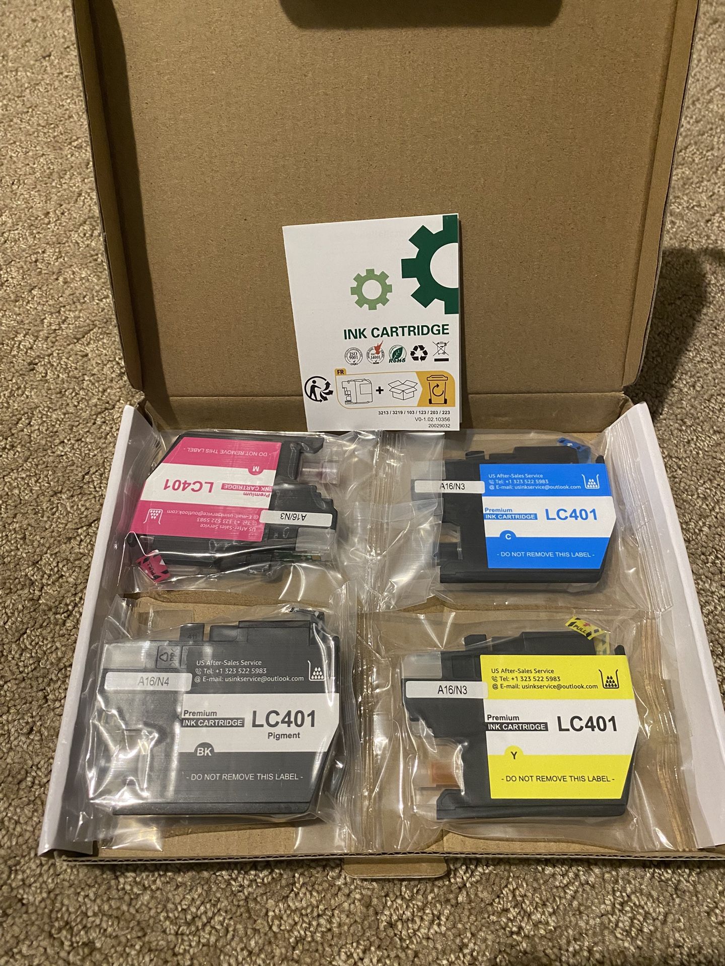 LC401 4pack Ink Cartridges for Brother MFC- J1010DW , MFC -J1012DW and MFC- J117DW Printer.
