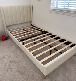 TWIN SIZE BED FRAME AND CREAM VELVET HEADBOARD - 2 BED FRAMES