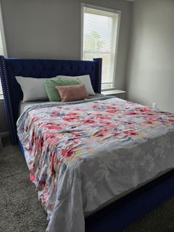 Navy Blue Velvet Tufted Wingback Bed Frame