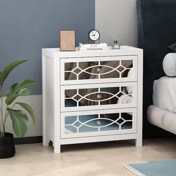 3-Mirrored Drawers White Wood Nightstands Bedside Table With Mirror Finish  $70 