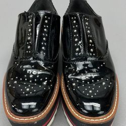 Zara Trafaluc Black Patent Black White & Red Wedge Brogue Loafer Shoes Size 8

