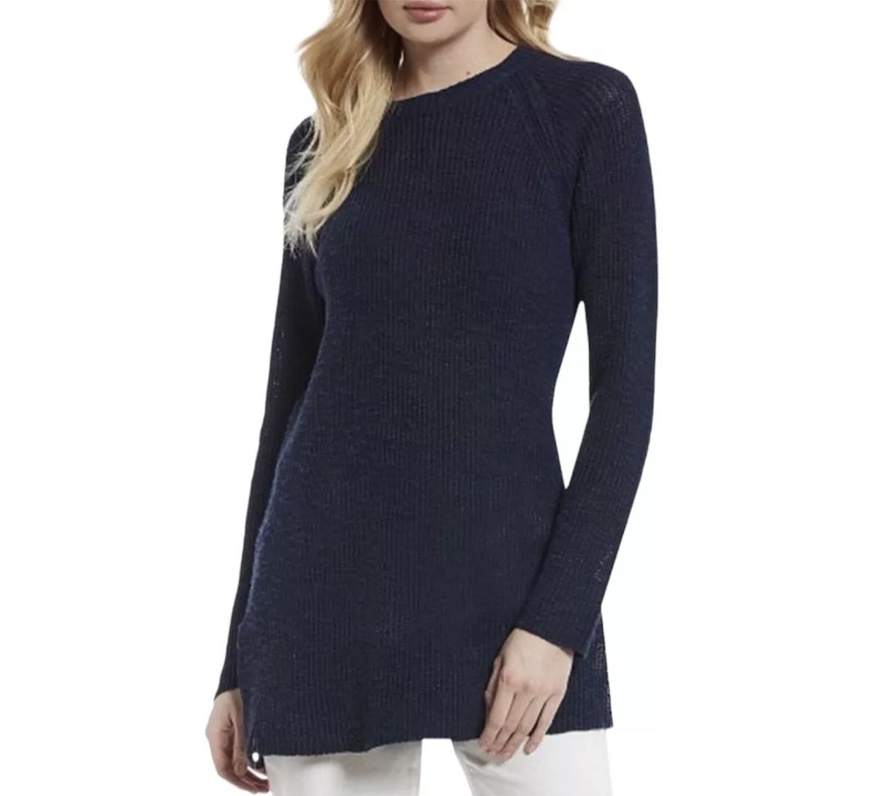 Eileen Fisher Indigo Blue Organic Linen Cotton Slub Tunic Sweater Top S