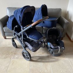 Uppababy Vista V2 Double Stroller with Car Seat and Bassinet Blue 