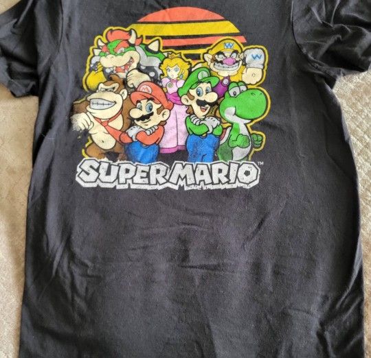 Mens Black Shirt With Super Mario And Gang, Size Small