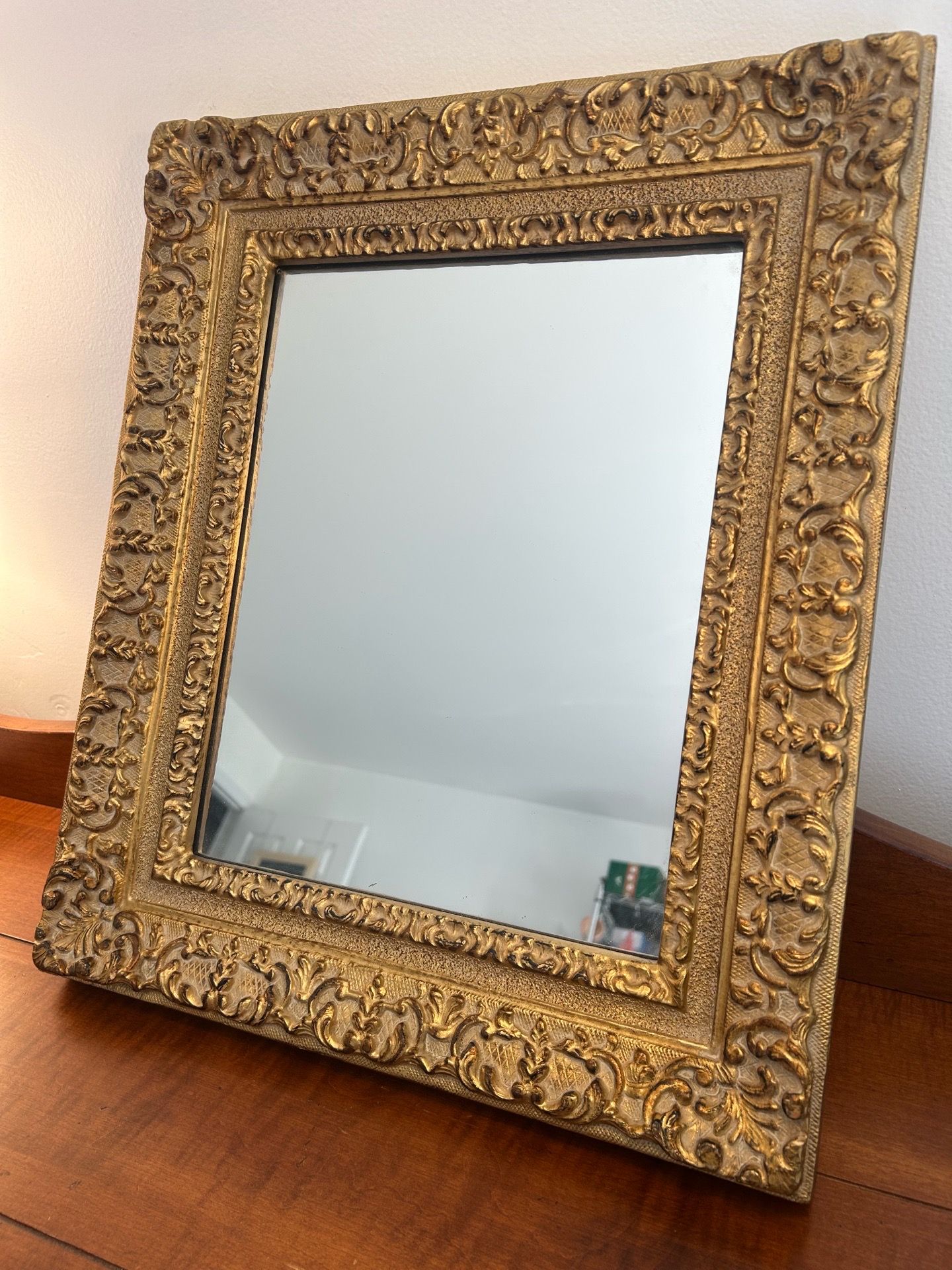 Hollywood Regency Style Gold Ornate Framed Mirror 19.25” x 16.25” can be hung up either way