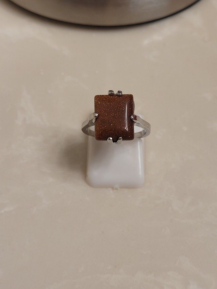 Silver and Amber Fire Nature Stone Ring Size 5