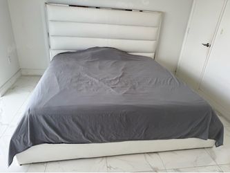 Modern White King Platform Bed Frame with Upholstered Headboard