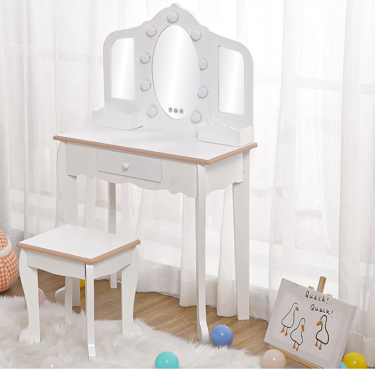 New Kids' Vanity Set with 3 Mirrors and Light, Makeup Table and Stool for Girls, Vanity Table and Chair