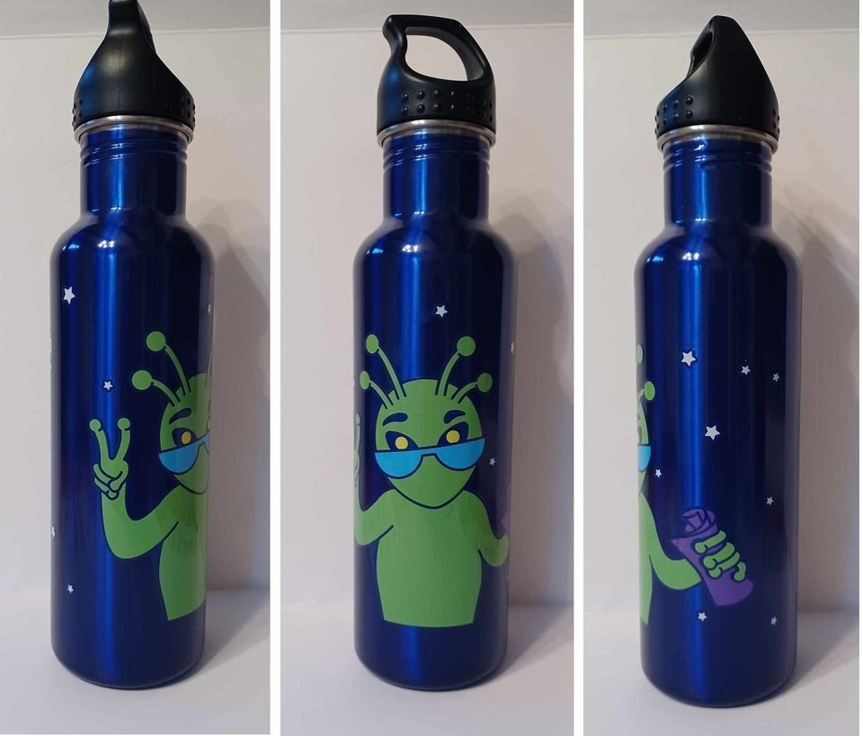 24 ounce Stainless Steel Fruit Roll-Ups Alien H2-Go water bottle