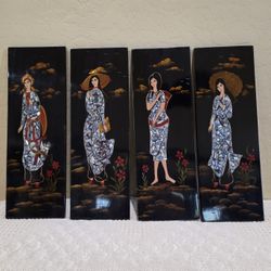 Please Read Description - Vintage Signed 4 Panel Asian Wood Hand Painted Abalone Shell Art Pictures