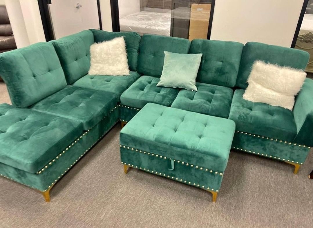 Brand New Green Velvet Sectional With Storage Ottoman