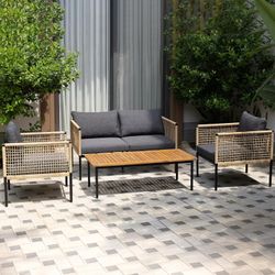 Luxury Outdoor Patio Set w/ Olefin Cushions - Backyard & Pool Upgrade Modern Outdoor Living Set - Rust-Resistant Metal & Acacia Wood