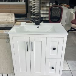 30” Freestanding Matte White PVC Bathroom Vanity With Ceramic Top