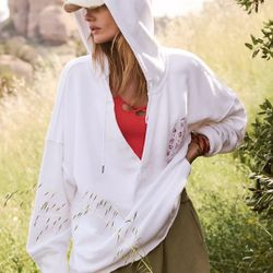 New Free People Cotton Hoodie With Lace Detailing Size Large 