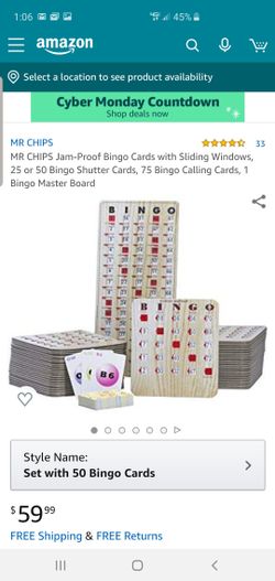 MR CHIPS Jam-Proof Bingo Cards with Sliding Windows, 25 or 50 Bingo Shutter Cards, 75 Bingo Calling Cards, 1 Bingo Master Board