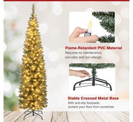 180CM Pre-Lit Artificial Christmas Tree Slim Pencil Xmas Tree W/ 390 Branch Tips & 180 Warm White LED Lights Muiticolor