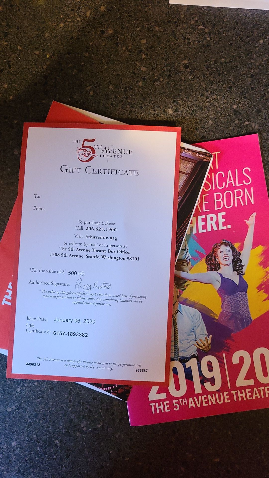 $500 gift certificate to 5th Avenue Theater