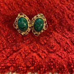 Turquoise Green Stone In Gold Earrings 
