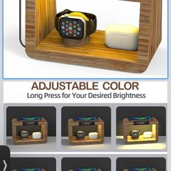 Wireless Charging Station with Clock, Desk Lamp 15W Fast Wireless Charger Night Light with 3 Color, Bamboo Wireless Charging Station Dock for iPhone/A