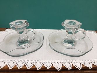 Pair Duncan Miller Canterbury Candle Sticks W/ Handles & attached Underplate