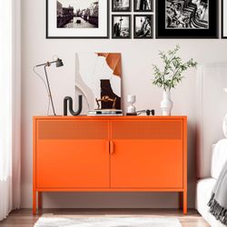 2 Door Accent Cabinet,Orange Metal Storage Cabinet with Adjustable Shelf,2-Tier Shelf,Multipurpose Metal Locker Storage for Office Home,Mus
