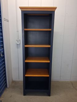 Tall Navy Blue Bookcase with Wood Shelves
