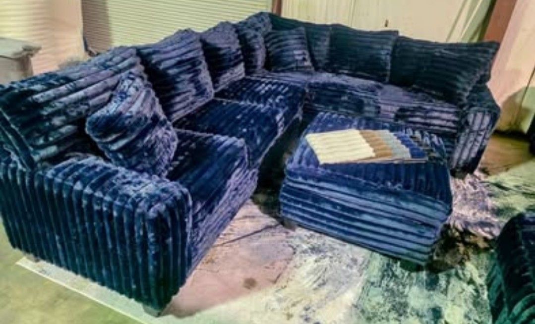 NEW FLAVOR ALERT! Brand New Plush Royal BLUE Thick Corduroy RAF 2pc Corner Sectional & Ott Sets