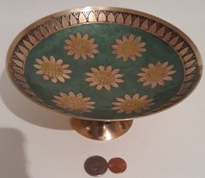 Vintage Brass Metal Platter, Green Enamel and Brass, 7" x 4", Heavy Duty Quality, Kitchen Decor, Home Decor, Table Display, Shelf Display