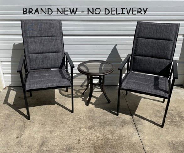 Weekend Special, New, Hampton Bay, 2 Black Steel Padded Sling Patio Chairs and Riverbrook Glass top Aluminum Outdoor Patio Side Table