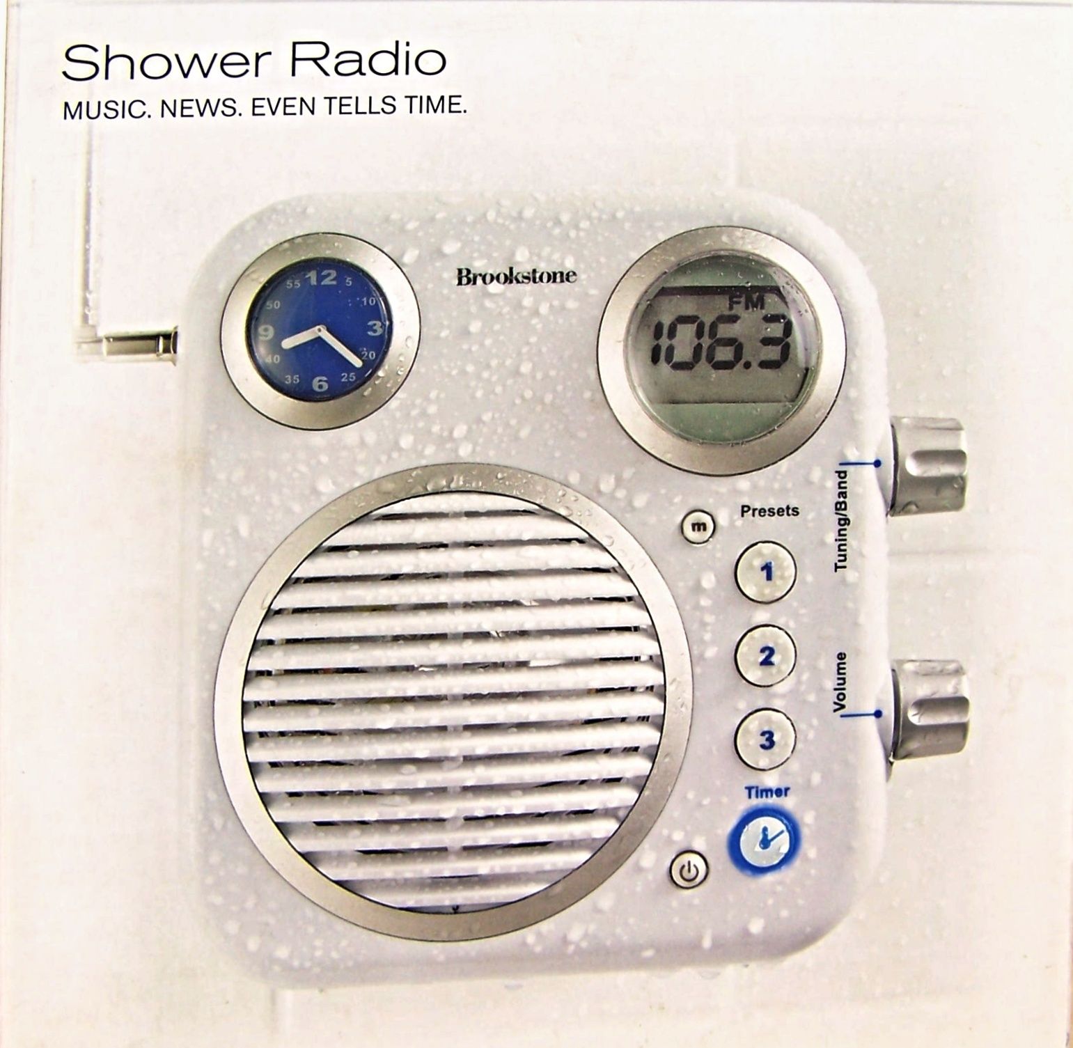 Brookstone Shower Tunes Waterproof Radio with Clock and Timer. New in Box.