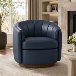 Navy Genuine Leather 360° Swivel Barrel Accent Chair – Brand New
