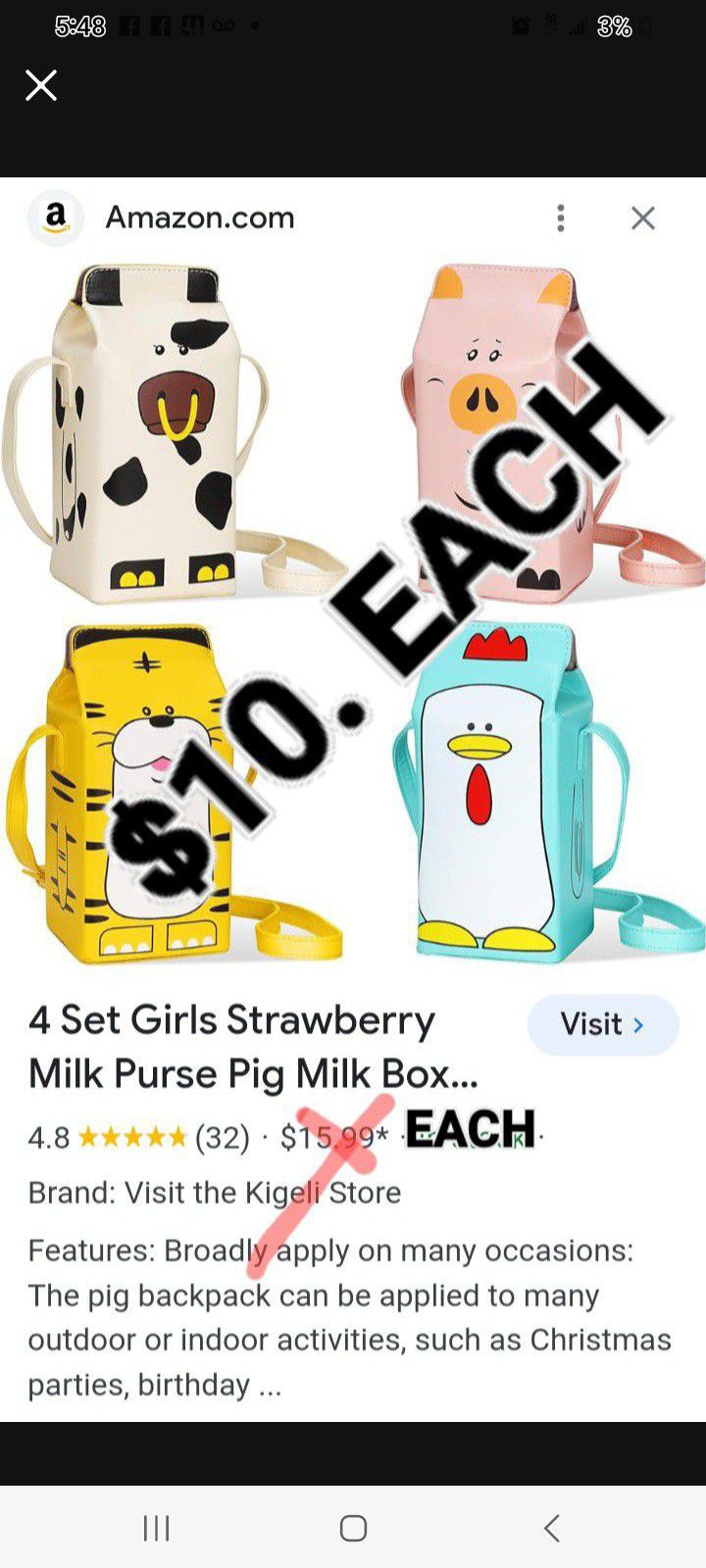 Girls Strawberry Milk, Pig Milk Box Crossbody Purse Bag Pu Phone Shoulder Wallet Bag for Women Girl