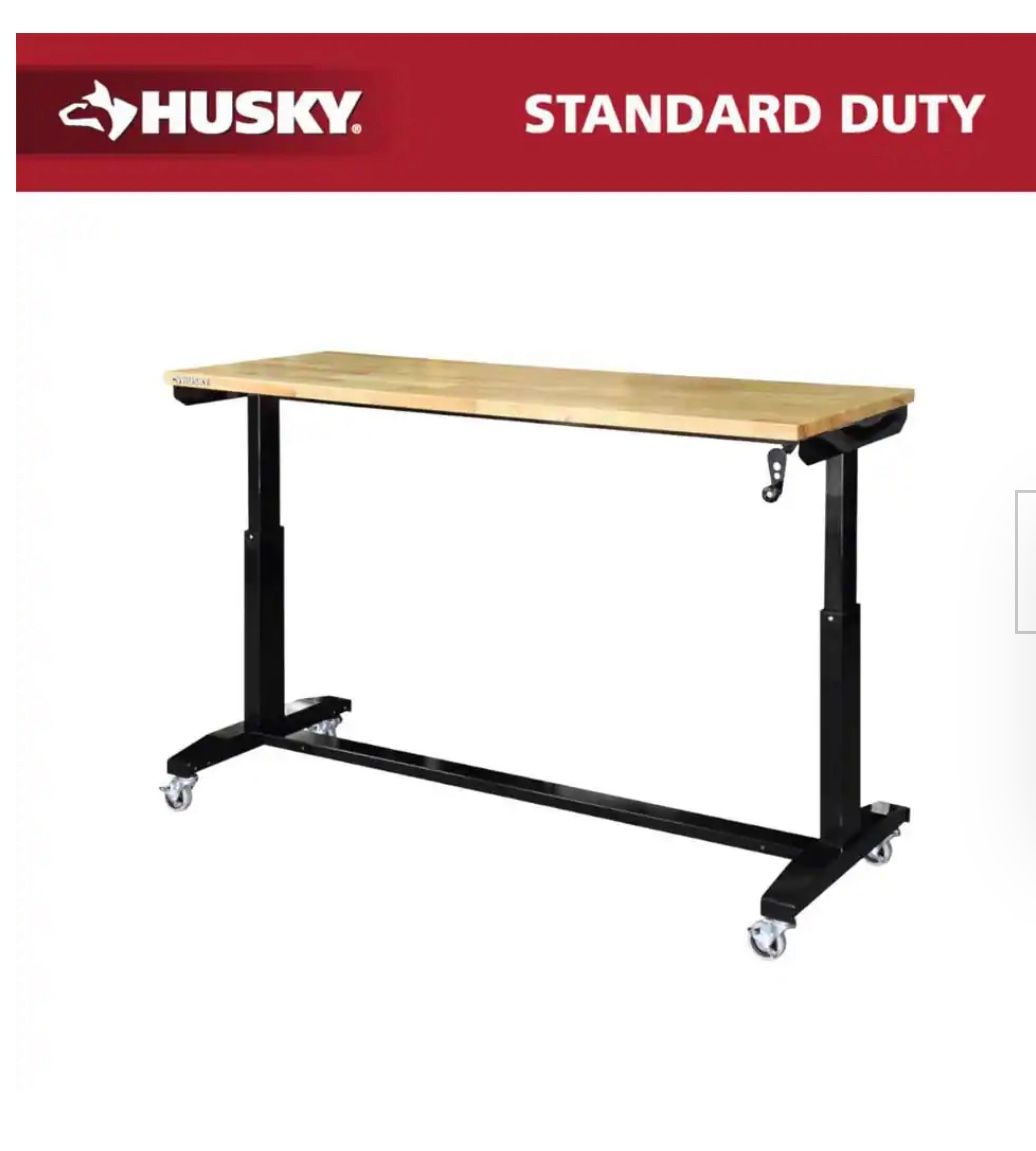 52 in. W x 24 in. D Adjustable Height Black Work Table with Solid Wood Top