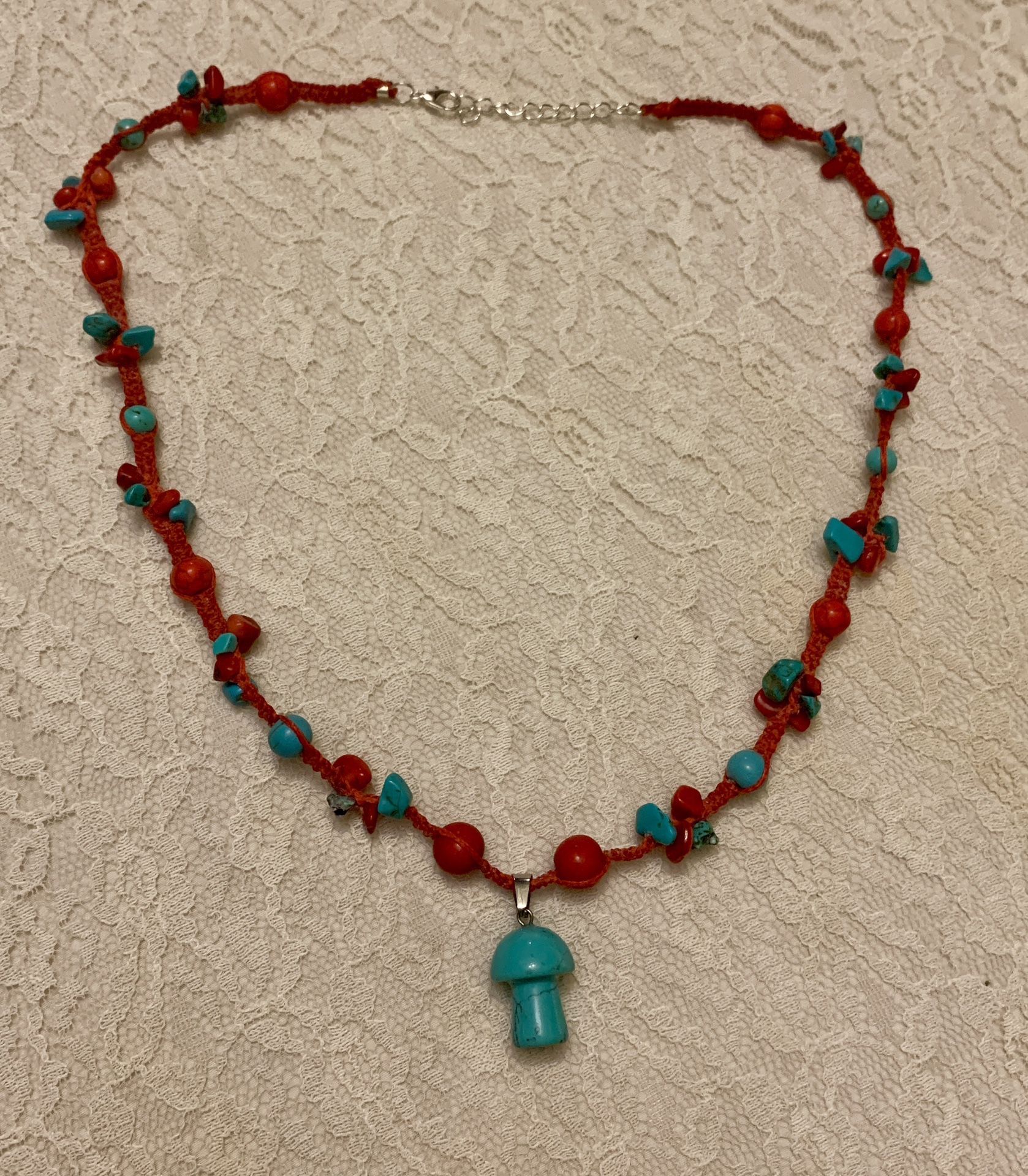 21” Handcrafted Turquoise Mushroom Boho Macramé Necklace