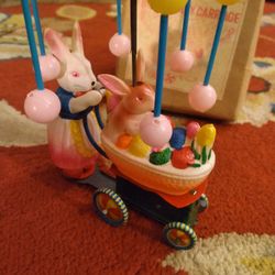 Celluloid Wind-up Pull Toy Spinning Top Bunny & Baby Carriage Toy w/ Box