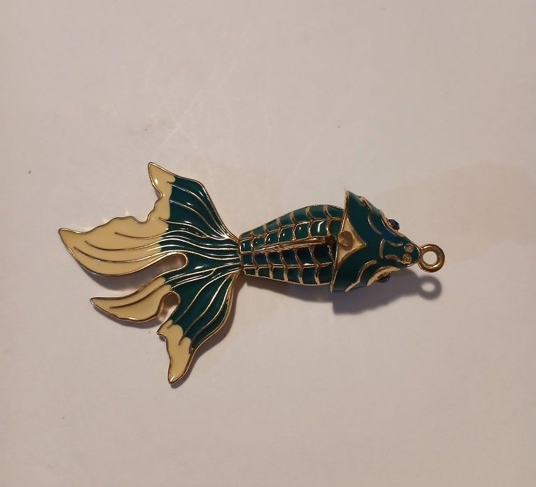 Vintage Cloisonne Green and Gold Enamel Articulated Fish Pendant