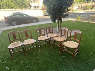 Set Of 6 Vintage Caned Seat Dining Chairs - Hand Carved Wood Franes