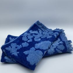 Vintage Cannon Monticello Blue Floral Hand Towels Jacquard Design W/Fringe Edges