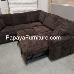 New! Dark Brown Sectional Sofa Bed, Sleeper spa, Plush Corduroy Chocolate Fabric, Sofabed, Sofa Bed, Sectional Sofa With Pull-out Bed And Storage USB
