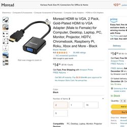 Moread HDMI to VGA, 2 Pack, Gold-Plated HDMI to VGA Adapter (Male to Female) for Computer, Desktop, Laptop, PC, Monitor, Projector, HDTV, Chromebook, 