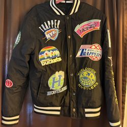 HUDSON OUTERWEAR BALLERS EMBELLISHED VARSITY BOMBER JACKET SZ M