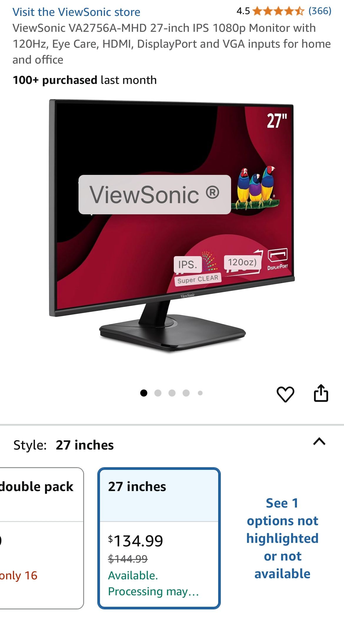 ViewSonic VA2756A-MHD 27-inch IPS 1080p Monitor with 120Hz, Eye Care, HDMI, DisplayPort and VGA inputs for home and office