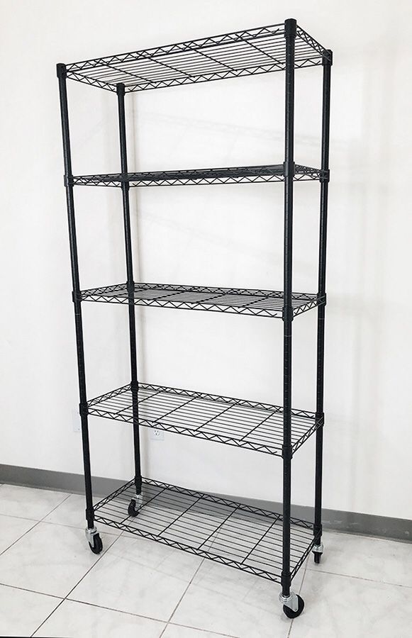 (NEW) $70 Metal 5-Shelf Shelving Storage Unit Wire Organizer Rack Adjustable w/ Wheel Casters 36x14x74”