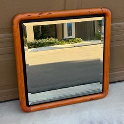 70s Wood Mirror Square Wall Hanging Vintage Frame Beveled 1970s Mantle Entry