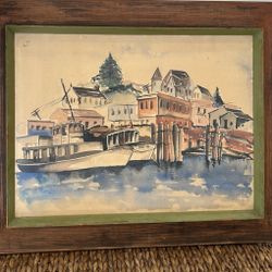 Mid Century Original Painting Wood  Vintage artist Wall Hanging Artwork Seascape Boats Nautical Framed Watercolor Urban Landscape 